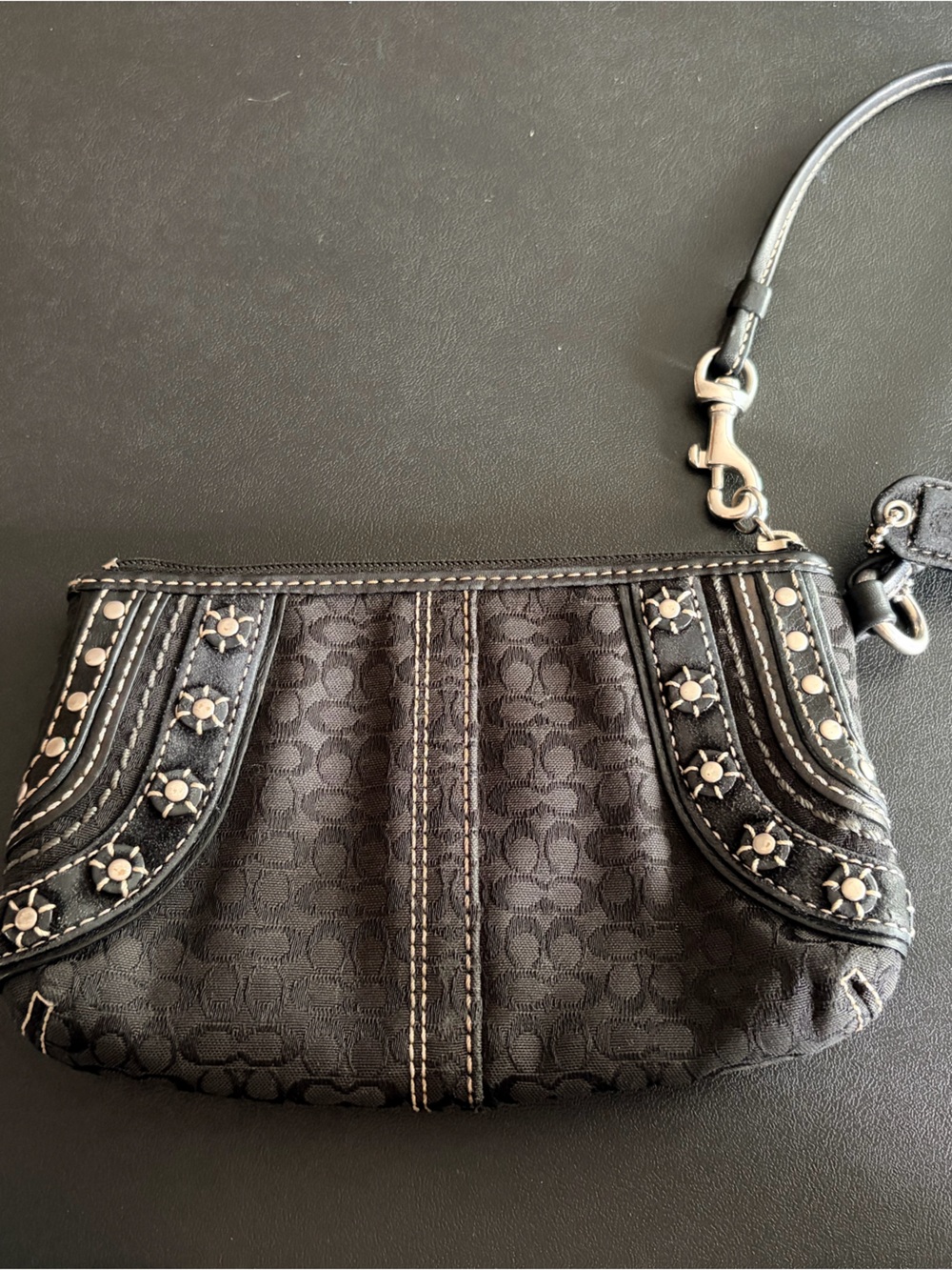 Coach Black Signature Canvas Studded Wristlet with Silver Accents